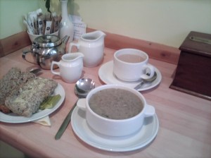 Tea, bread and soup at Shoemakers Cafe
