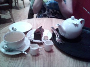 Tea and rich chocolate gateaux at Thorntons Cafe