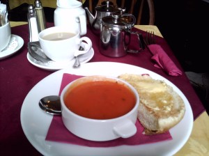 Tea and tomato soup with a Sally Lunn bun at Sally Lunn's