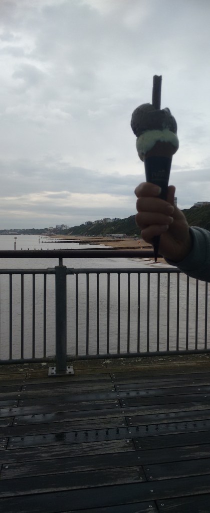 Ice cream with a flake, sea in the background.